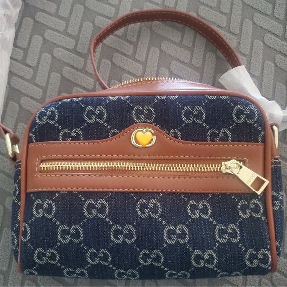 Trendy Brown and Blue Denim Monogram Crossbody Bag